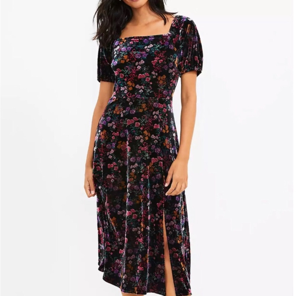 LOFT Floral Velvet Puff Sleeve Maxi Dress